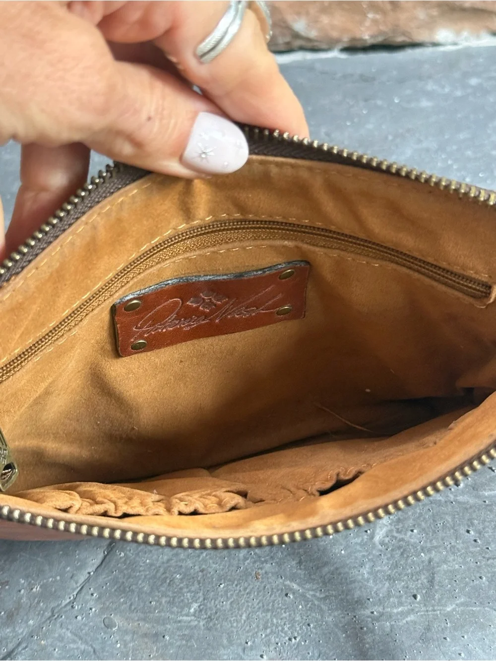 Patricia Nash Cassini Embossed Floral Leather Wristlet in Tan Brown clutch